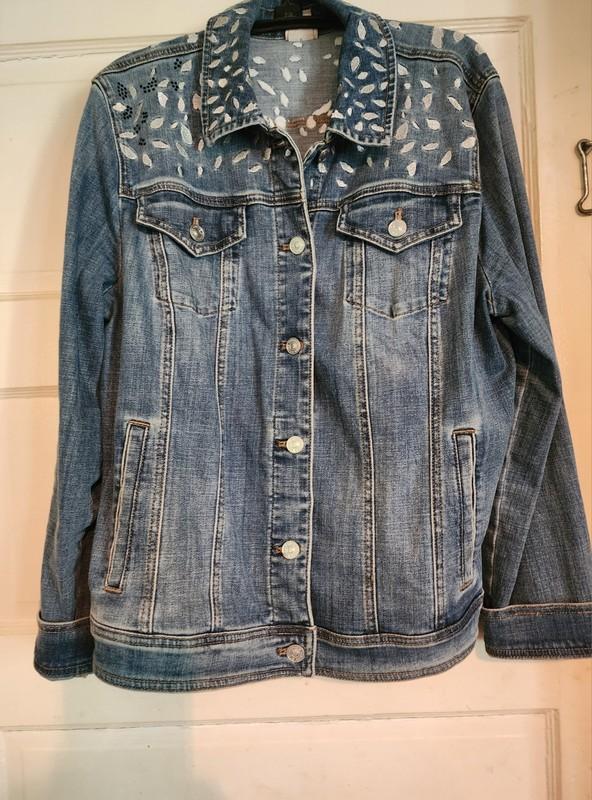 Chico's Women's Denim Jacket Size 2 with Colorful Embroidery