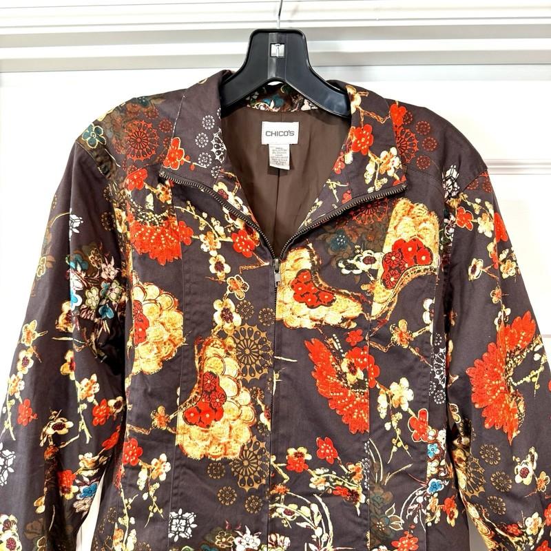 Chico’s Women’s Size 2 Large Jacket Coat Zip Brown Orange Floral Pockets Lined