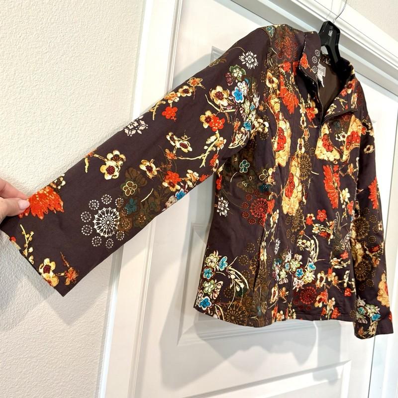 Chico’s Women’s Size 2 Large Jacket Coat Zip Brown Orange Floral Pockets Lined
