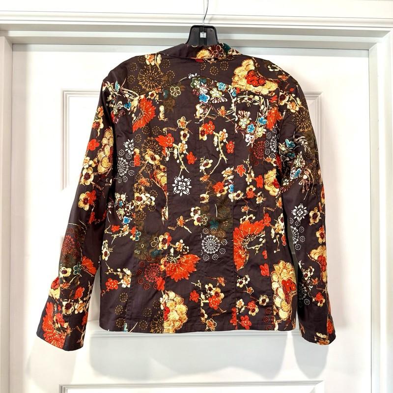 Chico’s Women’s Size 2 Large Jacket Coat Zip Brown Orange Floral Pockets Lined