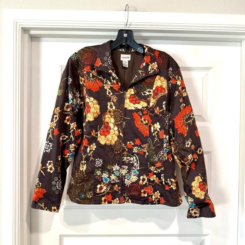Chico’s Women’s Size 2 Large Jacket Coat Zip Brown Orange Floral Pockets Lined