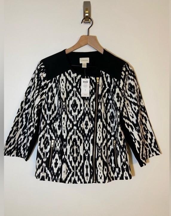 Chicos Womens Ikat Moto Jacket Zip Up Long Sleeve Pockets Black White Size 1 New