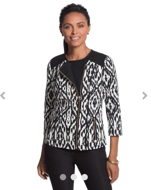 Chicos Womens Ikat Moto Jacket Zip Up Long Sleeve Pockets Black White Size 1 New