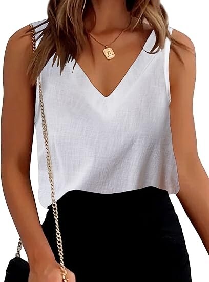 Chigant Womens Cotton Linen Tank Tops V Neck Casual Cami Sleeveless Blouses L