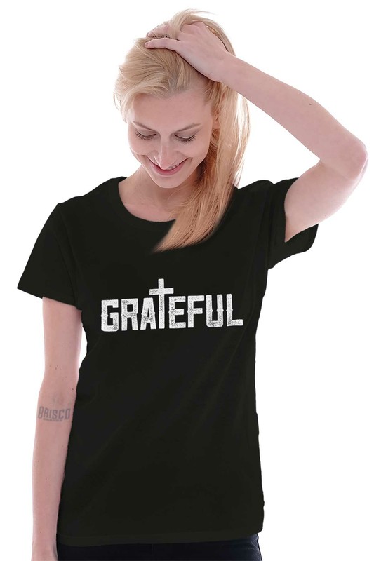 Christian Religious Faith Grateful Cross Womens Top Junior Graphic Tee