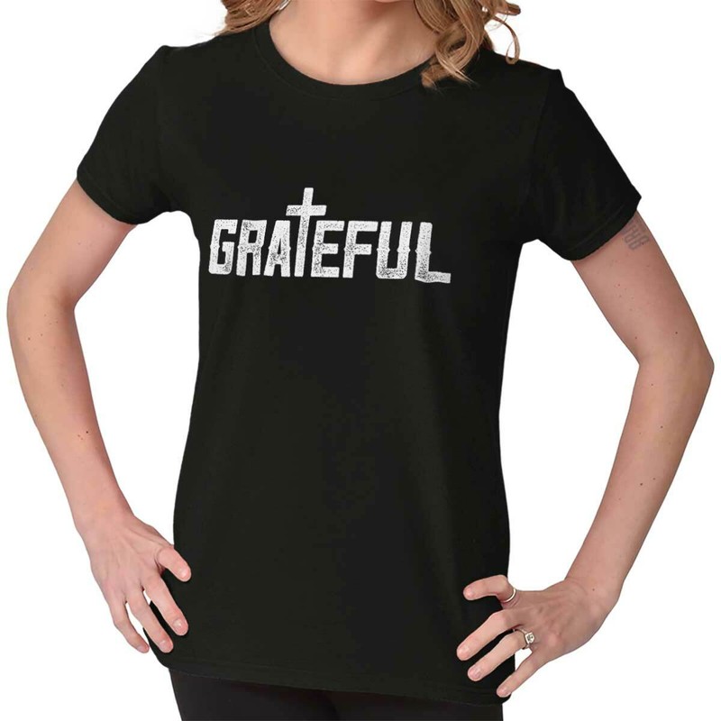 Christian Religious Faith Grateful Cross Womens Top Junior Graphic Tee