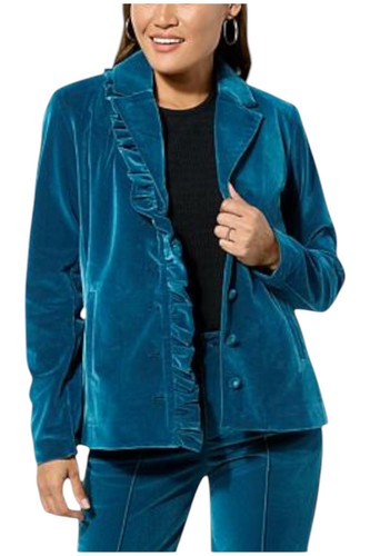 Christian Siriano Women's Casual Velvet Ruffle Blazer Moroccan Blue