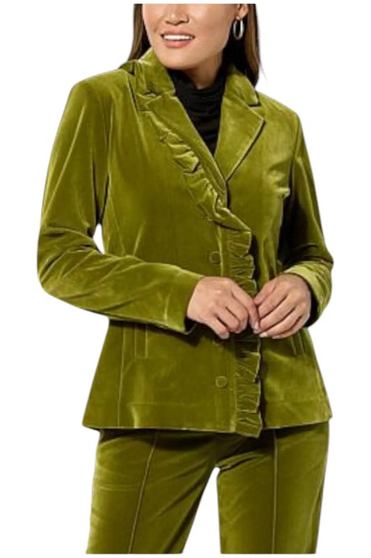 Christian Siriano Women's Casual Velvet Ruffle Blazer Avocado