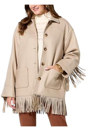 Christie Brinkley Women's Faux Melton Jacket with Fringe Oatmeal