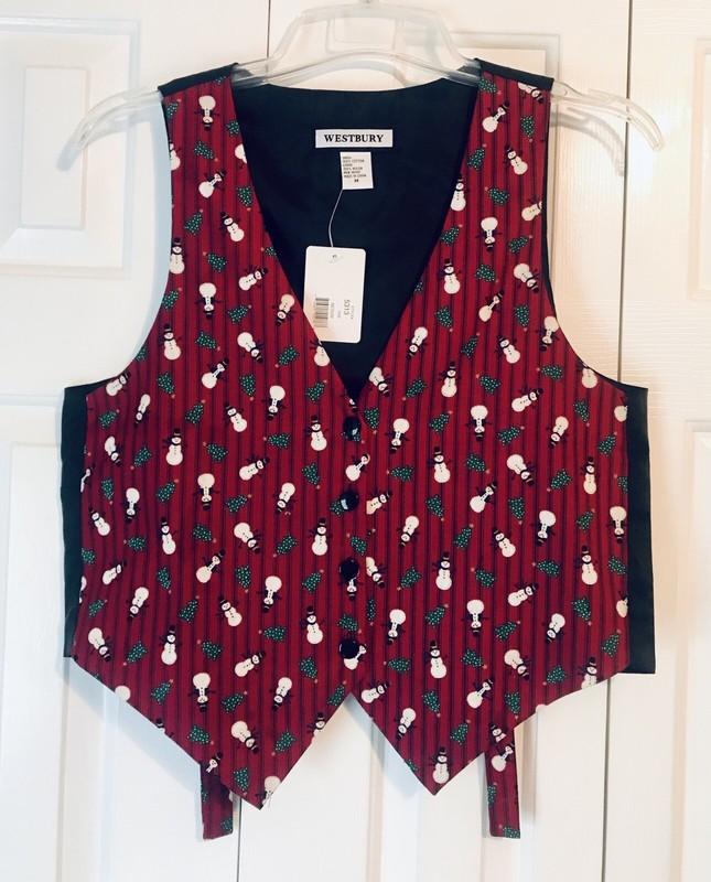 Christmas Holiday Button Up Vest Snowmen & Trees Women's Medium Westbury - NWT