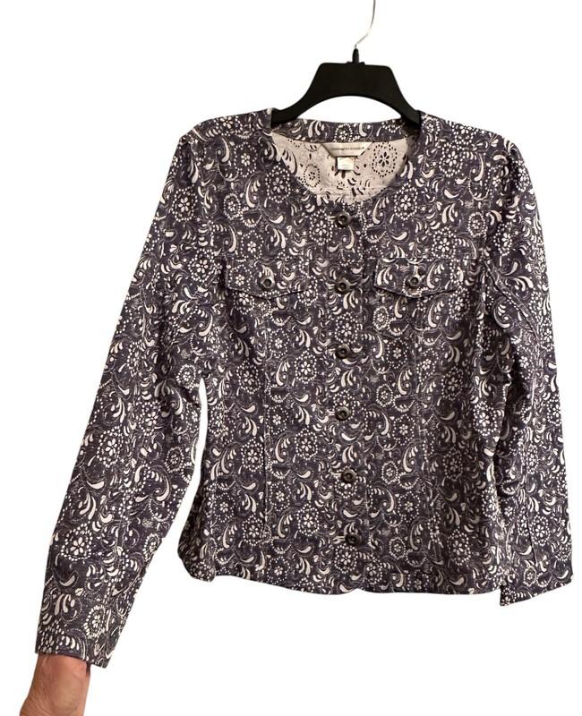 Christopher Banks Floral Jacket Womens Large Blue White Long Sleeves 6-Pockets