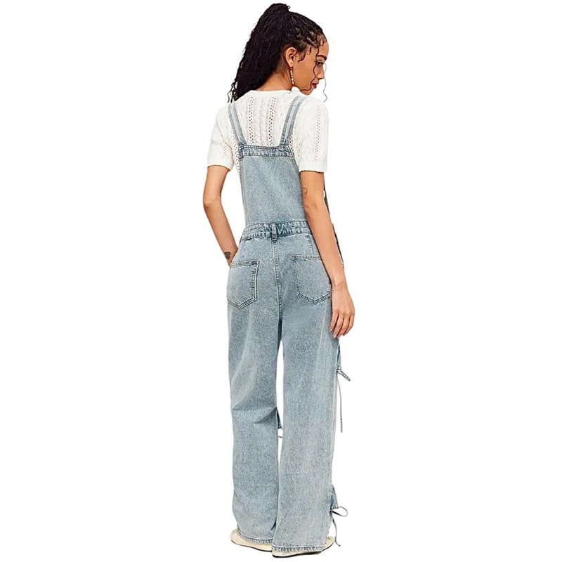 Cider Bow Knot Buckle Up Mid Rise Wide Leg Denim Overalls XS NWT