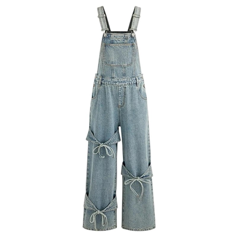 Cider Bow Knot Buckle Up Mid Rise Wide Leg Denim Overalls XS NWT