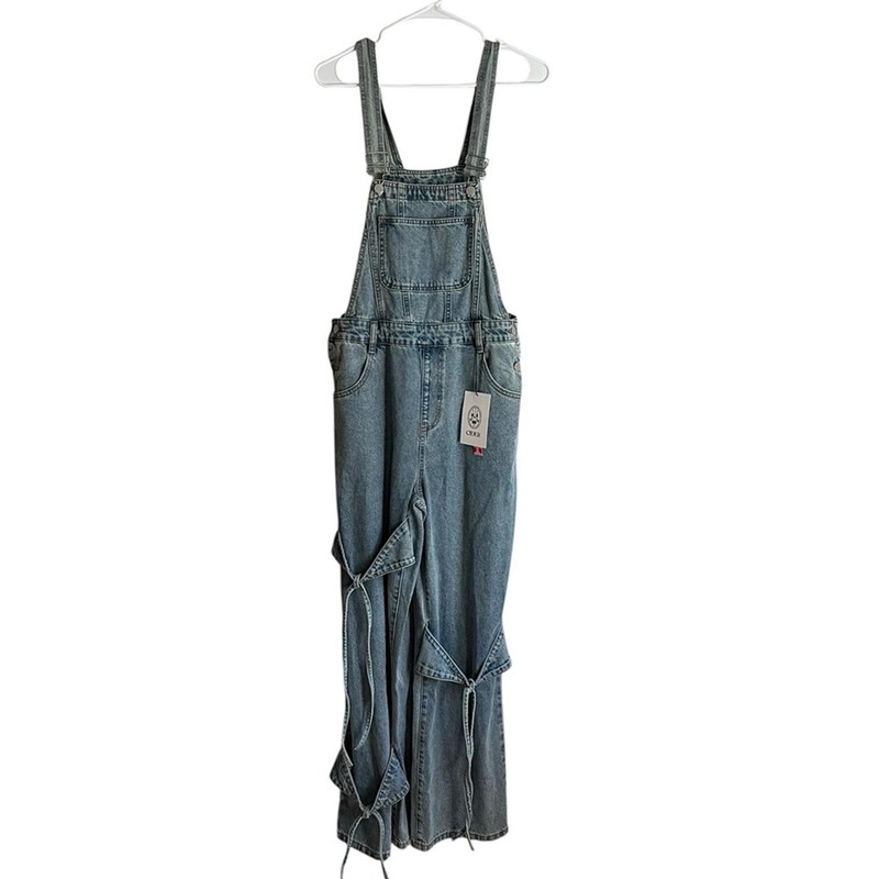 Cider Bow Knot Buckle Up Mid Rise Wide Leg Denim Overalls XS NWT