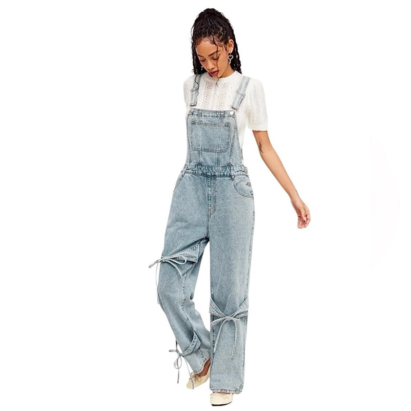 Cider Bow Knot Buckle Up Mid Rise Wide Leg Denim Overalls XS NWT