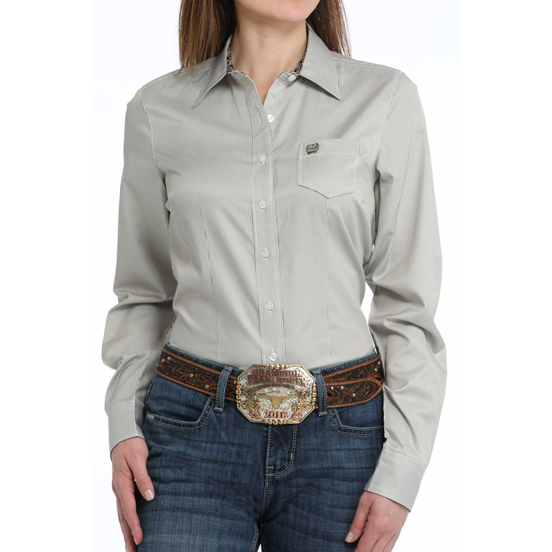 Cinch Ladies Pinstripe Olive Green Button Down Shirt MSW9164233