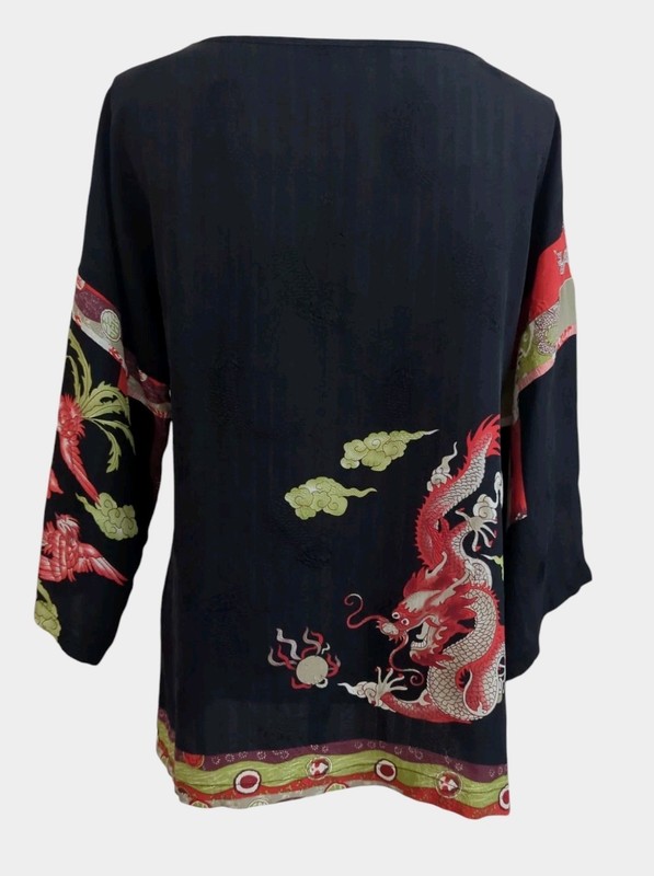Citron Santa Monica Silk Floral Foo Dog Dragons Embossed Koi Blouse Small