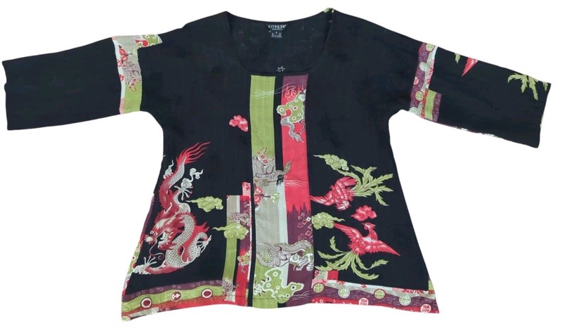 Citron Santa Monica Silk Floral Foo Dog Dragons Embossed Koi Blouse Small