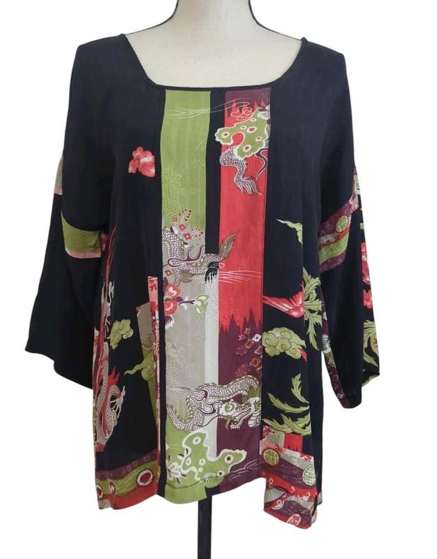 Citron Santa Monica Silk Floral Foo Dog Dragons Embossed Koi Blouse Small
