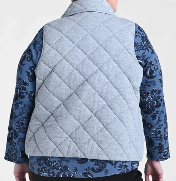 CJ Banks 1X Heather Gray Snap Front Quilted Vest Pockets Shawl Collar NWT