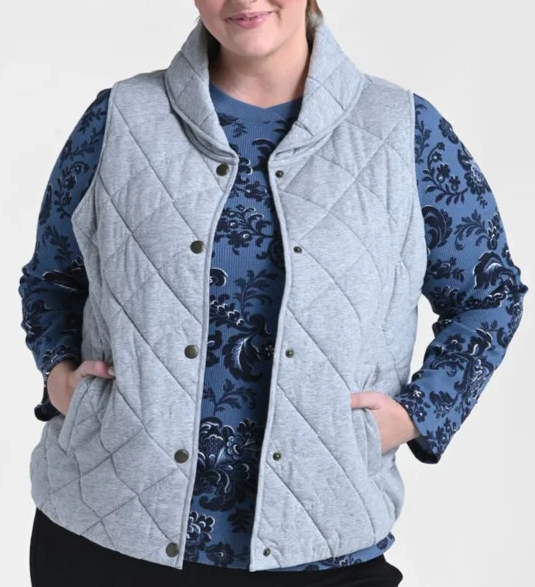CJ Banks 1X Heather Gray Snap front quilted vest pockets shawl collar NWT