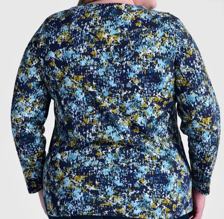 CJ Banks Size 1X Navy Teal Abstract Print Knit Top Notch Neck Long Sleeve NWT