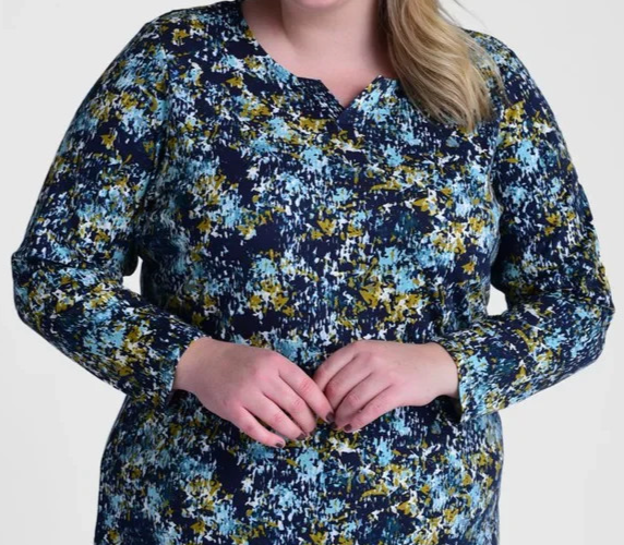 CJ Banks Size 1X Navy Teal Abstract Print Knit Top Notch Neck Long Sleeve NWT