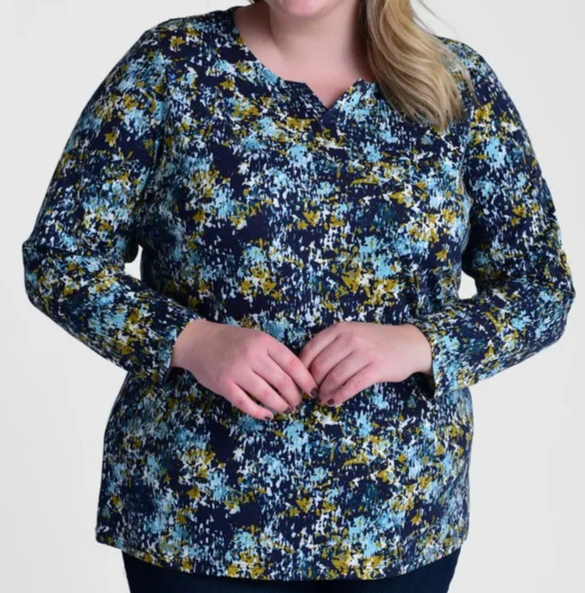CJ Banks Size 1X Navy Teal Abstract print knit top notch neck long sleeve NWT