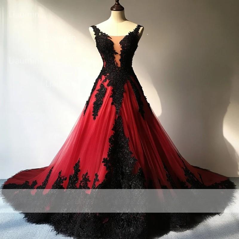 Classic Red+Black Prom Dress Lace Applique Strapless Mermaid Full Length