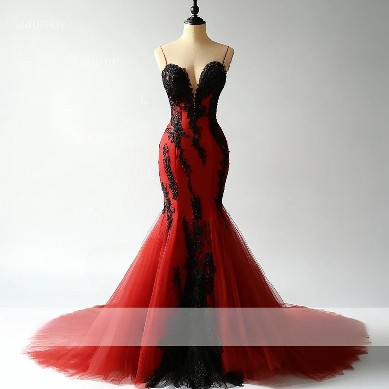 Classic Red+Black Prom Dress Lace Applique Strapless Mermaid Full Length