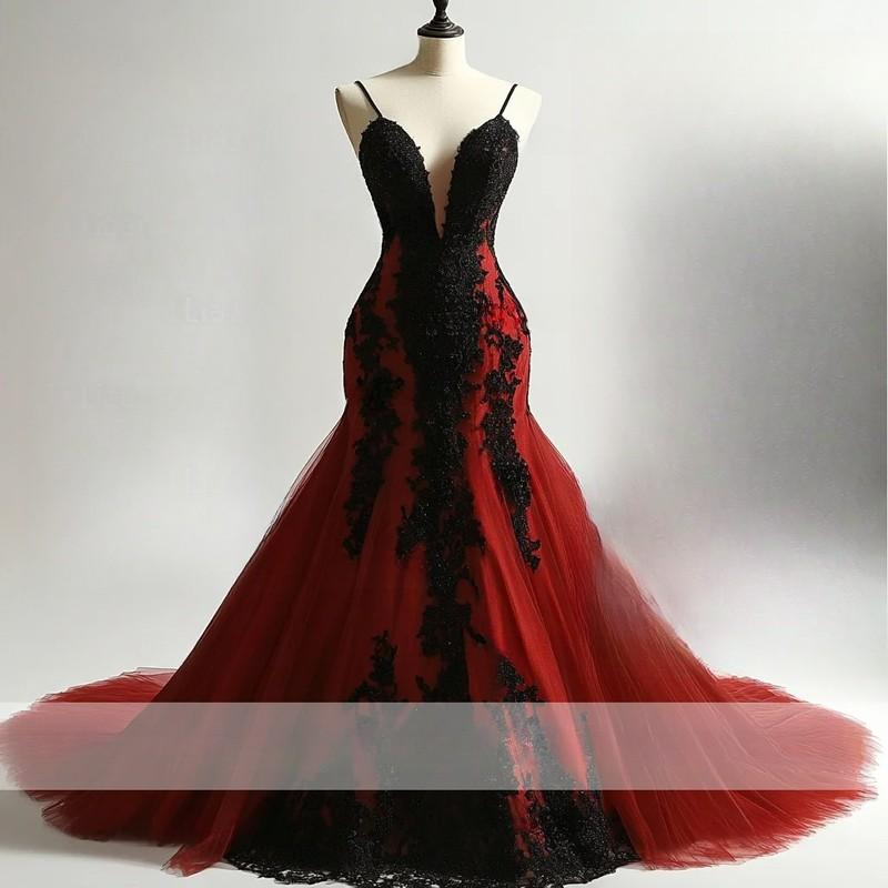 Classic Red+Black Prom Dress Lace Applique Strapless Mermaid Full Length