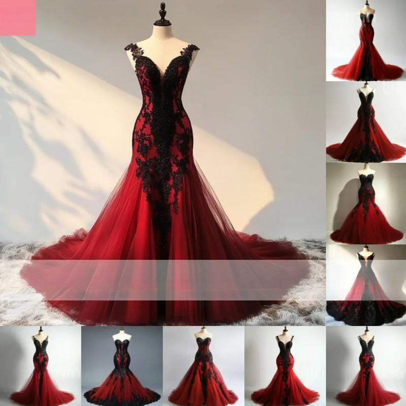 Classic Red+Black Prom Dress Lace Applique Strapless Mermaid Full Length