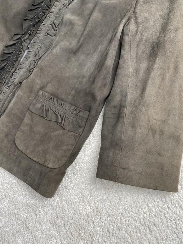 Classiques Entier Leather Jacket Women's XS Suede Khaki Green Ruffle