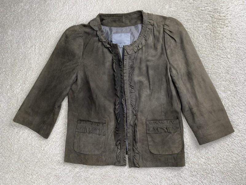 Classiques Entier Leather Jacket Women's XS Suede Khaki Green Ruffle
