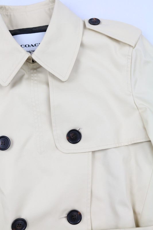 COACH CG042 Solid Short Trench Coat Bone M Double Breast Belted Adjustable Cuff