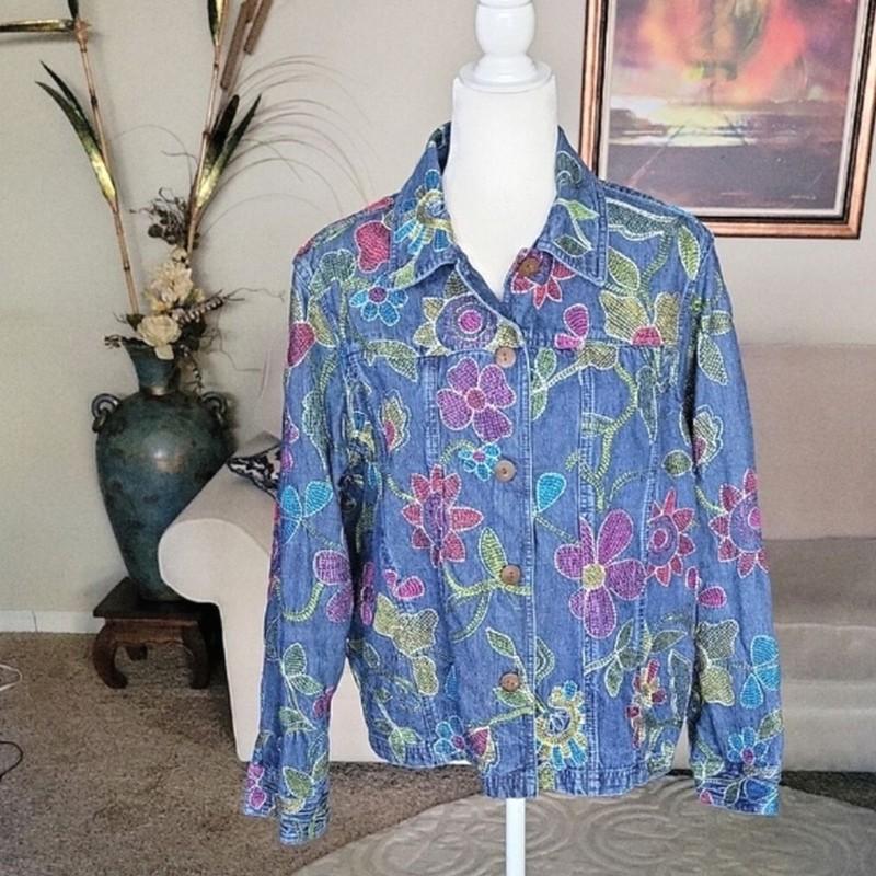 Coldwater Creek Blue Floral Jean Jacket Size 1X