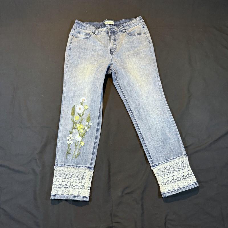 Coldwater Creek Women's Capri Jeans 10 Blue Lace Cuff Embroidered