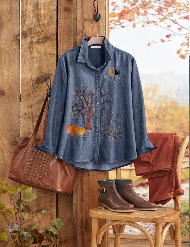 Coldwater Creek Women’s Fall Festival Denim Shirt Color Medium Wash