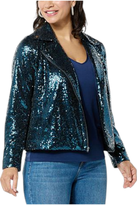 Colleen Lopez Women's Luxe Sequin Moto Jacket Teal
