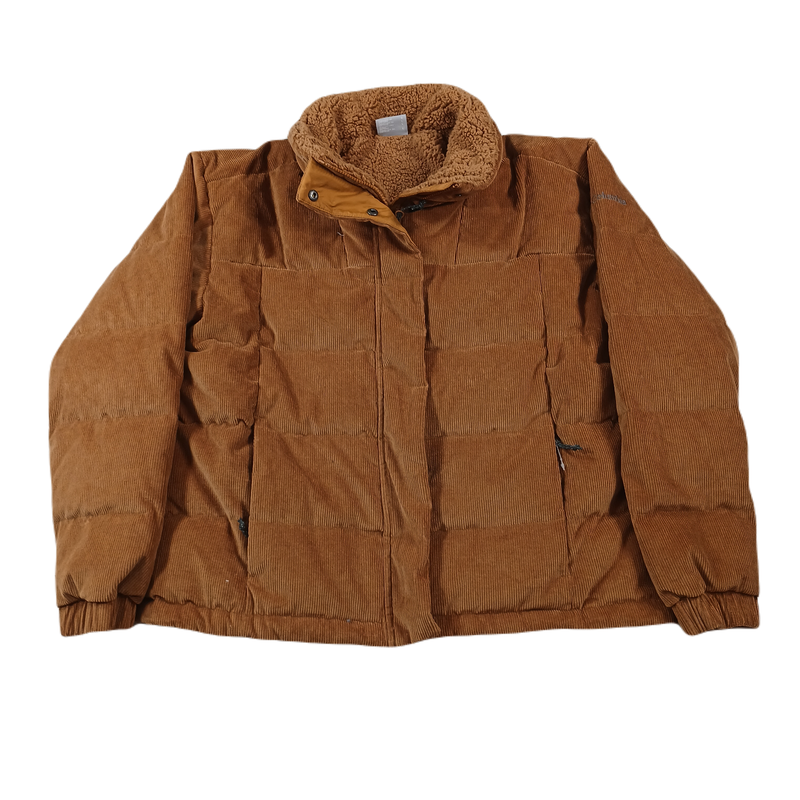 Columbia Down Sherpa Puffer Jacket Womens Large Camel Brown Corduroy Ruby $240