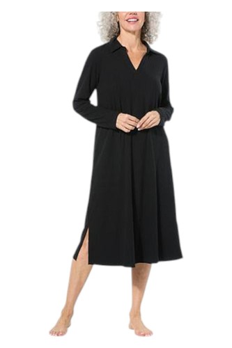 Comfort Code Women's Brushed Ribbed Polo Lounge Dress Black