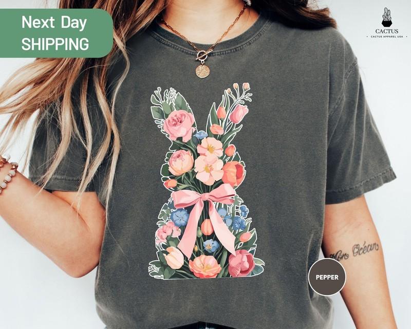 Comfort Colors Floral Easter Bunny Shirt Cute Spring Floral Rabbit Tee Shirt