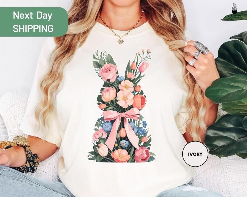 Comfort Colors Floral Easter Bunny Shirt Cute Spring Floral Rabbit Tee Shirt