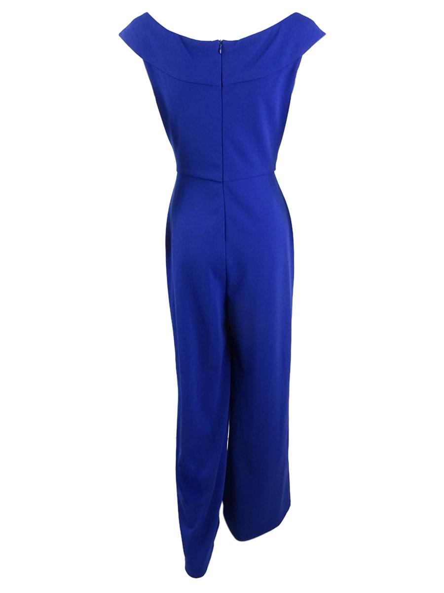 Connected Apparel Womens Jumpsuit Cobalt Blue Size 12 Wide-neck Crepe 092