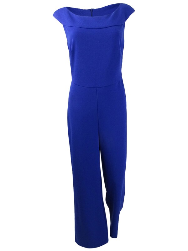 Connected Apparel Womens Jumpsuit Cobalt Blue Size 12 Wide-neck Crepe 092