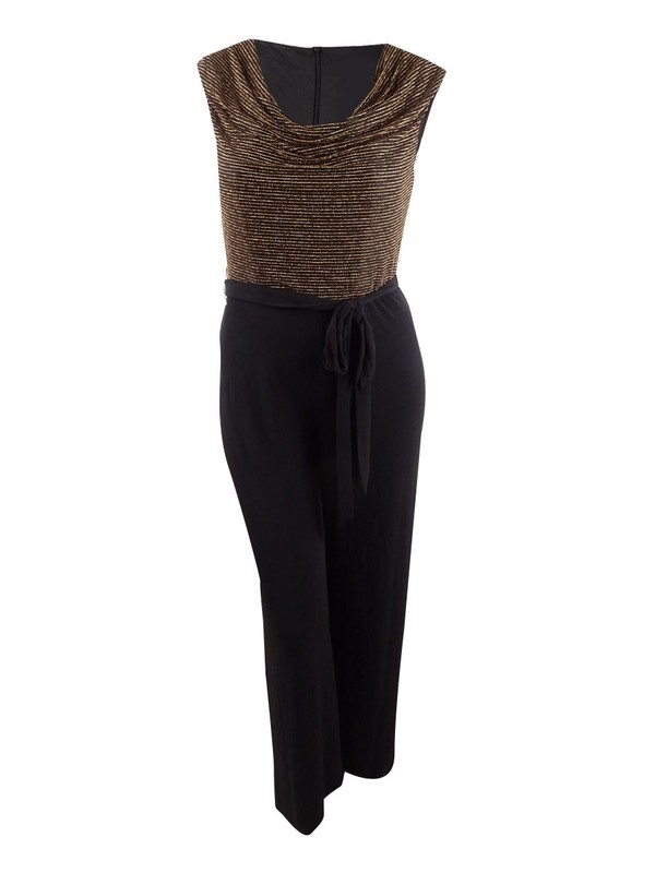 Connected Women's Petite Metallic Cowl-Neck Jumpsuit (12 Black/Gold)