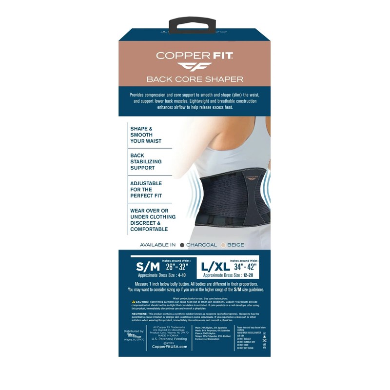 COPPER FIT Core Shaper Women Waist 34"-42" Copper Infused Charcoal L/XL