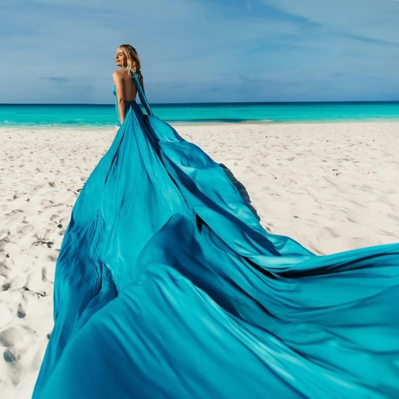 Coral Dress With Train Backless Beach Photoshoot Long Train Flying Dress