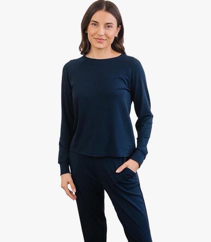 Cozy Earth Women's Ultra-Soft Bamboo Raglan Pullover Crew Large Navy NWT