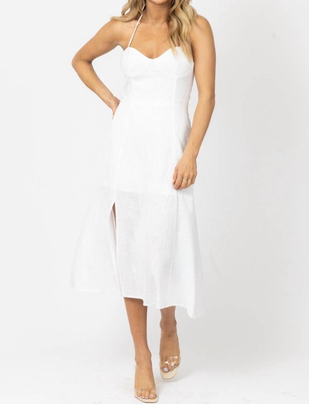 Crescent Bustier Halter Linen Midi Dress Size L